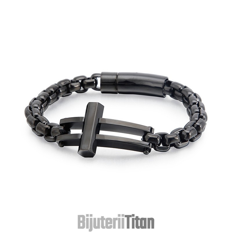 Brățară Cu Lanț Din Titan Negru, Pătrată, Crucifix Brățară Cu Lanț Din Titan Negru, Pătrată, Crucifix