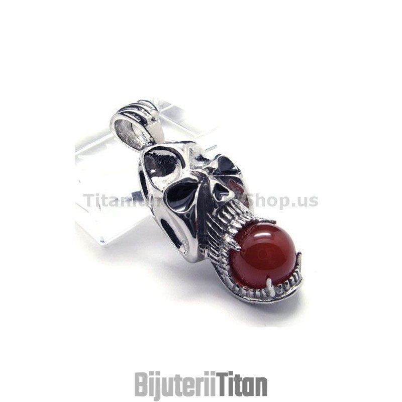 Pandantiv Din Titan Pur Cu Design De Craniu Și Bilă De Rubin - Lanț Gratuit Pandantiv Din Titan Pur Cu Design De Craniu Și Bilă De Rubin - Lanț Gratuit