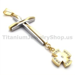 Pandantiv Cruce Din Titan Auriu Cu Diamante - Lanț Gratuit