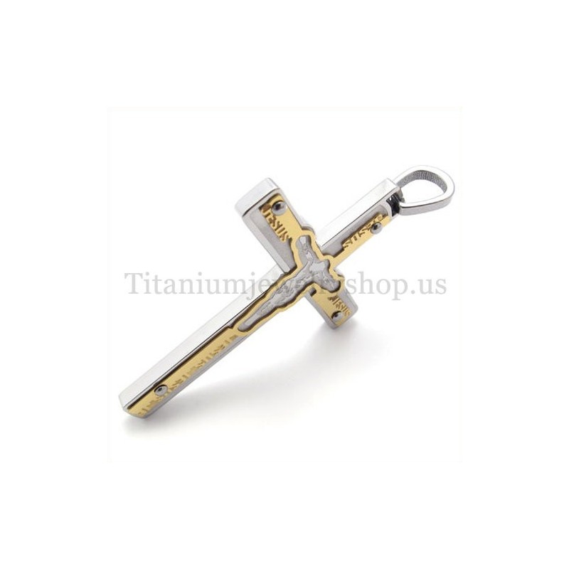 Pandantiv Cruce Din Titan, Auriu, Cu Isus Sculptat Pandantiv Cruce Din Titan, Auriu, Cu Isus Sculptat
