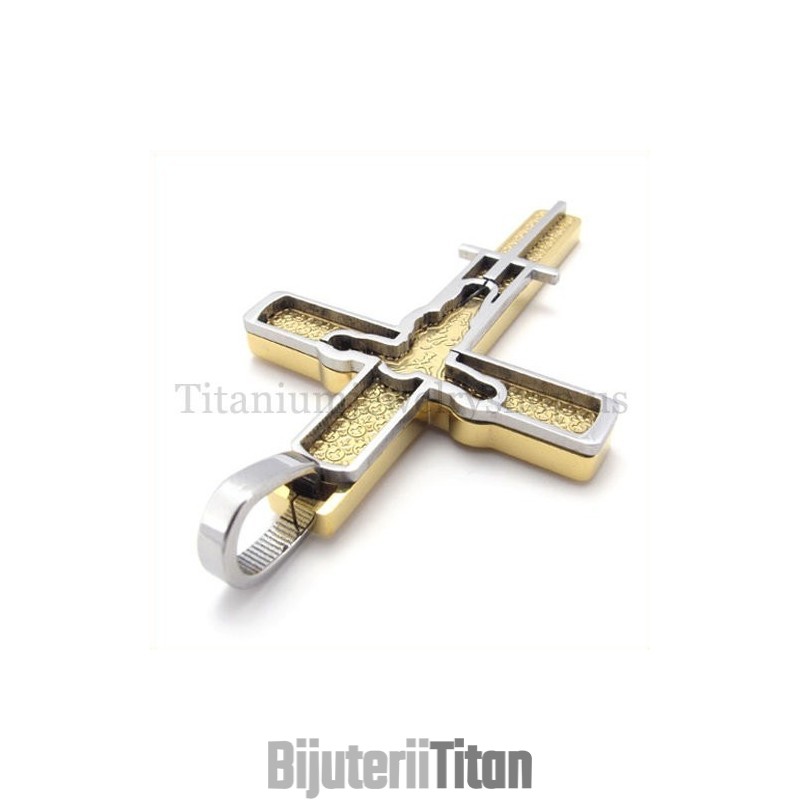 Pandantiv Cruce Din Titan Cu Model Isus Sculptat În Aur Pandantiv Cruce Din Titan Cu Model Isus Sculptat În Aur