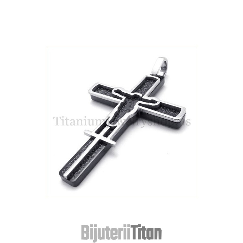 Pandantiv Cruce Din Titan Cu Model Isus Sculptat Negru