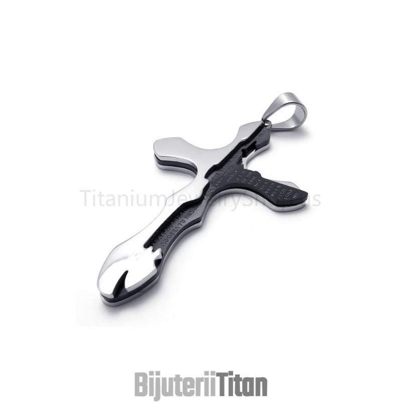 Pandantiv Nou Din Titan Cu Cruce Și Litere Sculptate În Două Tonuri