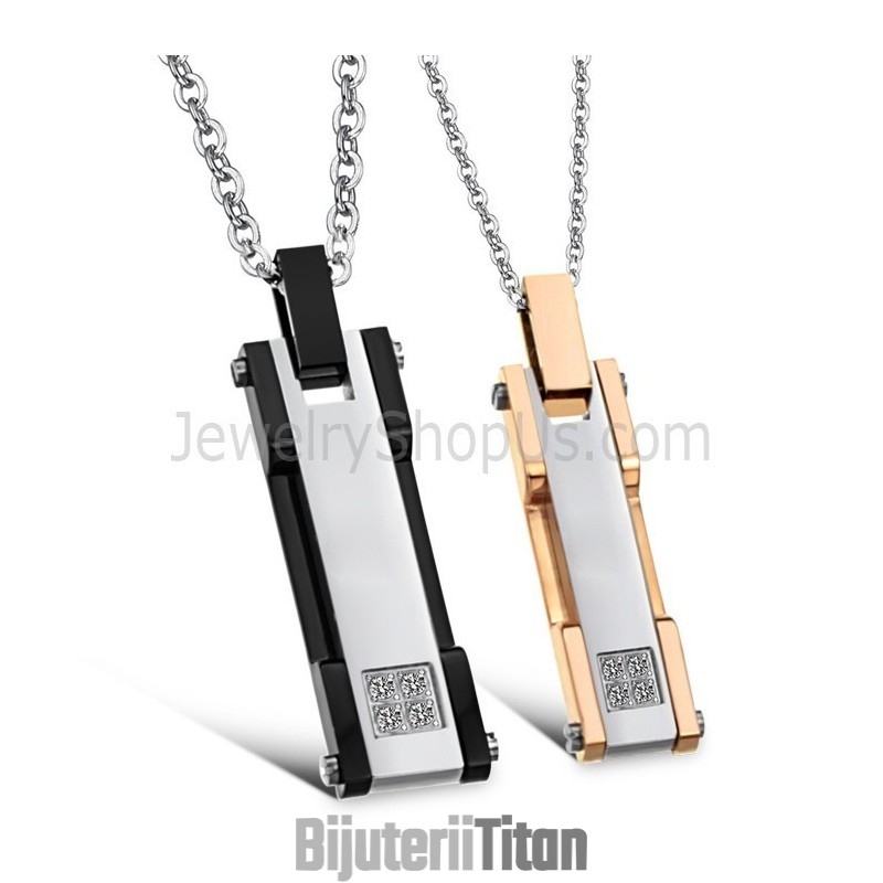 Pandantive Dreptunghiulare Din Titan, Aur Roz Și Negru Pentru Îndrăgostiți, Cu Stras Și Lanțuri Gratuite C362