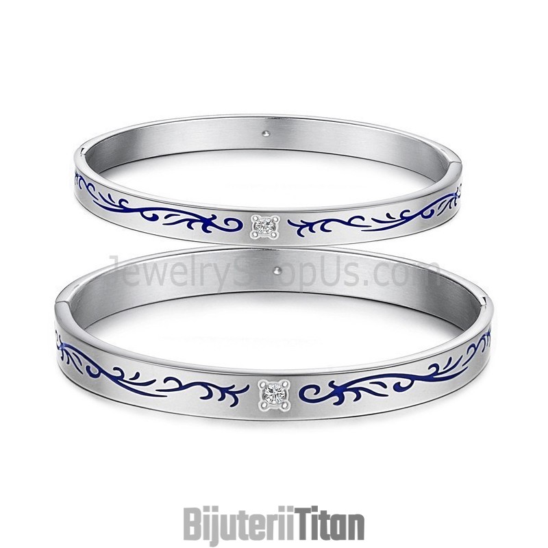 Brățări De Cuplu Tatanium Cu Flori Albastre C858 Brățări De Cuplu Tatanium Cu Flori Albastre C858