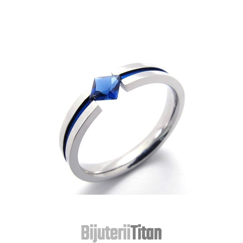 Inel De Titan Cu Diamant Albastru