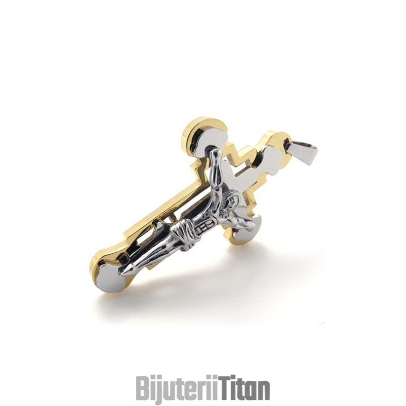 Pandantiv Cruce Din Titan, Auriu, Cu Isus Pandantiv Cruce Din Titan, Auriu, Cu Isus