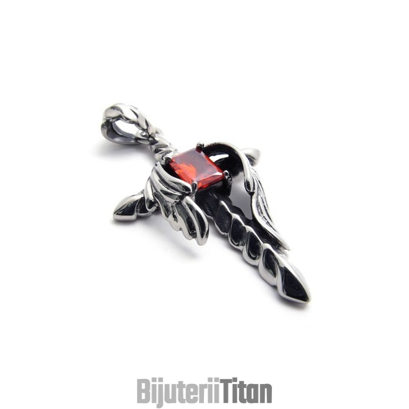 Pandantiv Din Titan Cu Cruce De Pumnal Și Diamant Roșu Pandantiv Din Titan Cu Cruce De Pumnal Și Diamant Roșu