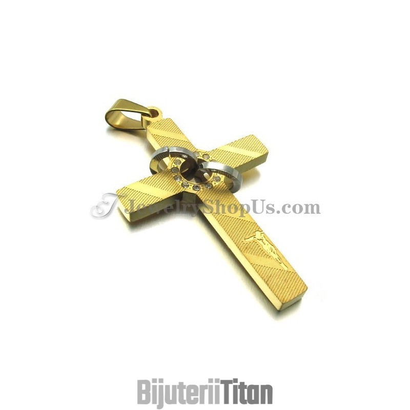 Pandantiv Cruce Din Titan Auriu Cu Cercuri Și Pietre Pandantiv Cruce Din Titan Auriu Cu Cercuri Și Pietre