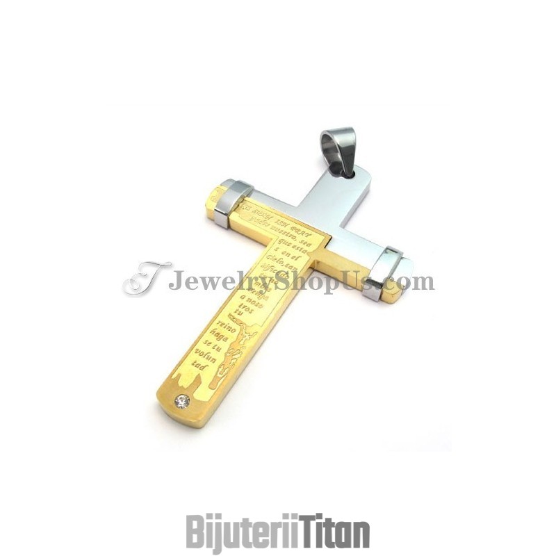 Pandantiv Elegant Cu Cruce Din Titan, Auriu, Cu Strasuri