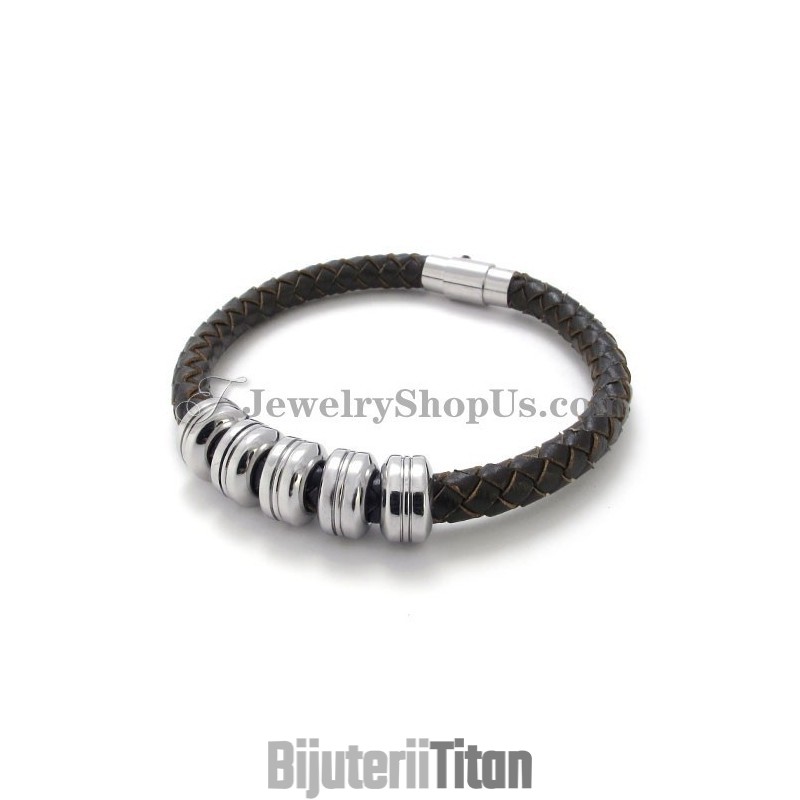 Brățară Elegantă Din Piele Neagră Și Titan Brățară Elegantă Din Piele Neagră Și Titan
