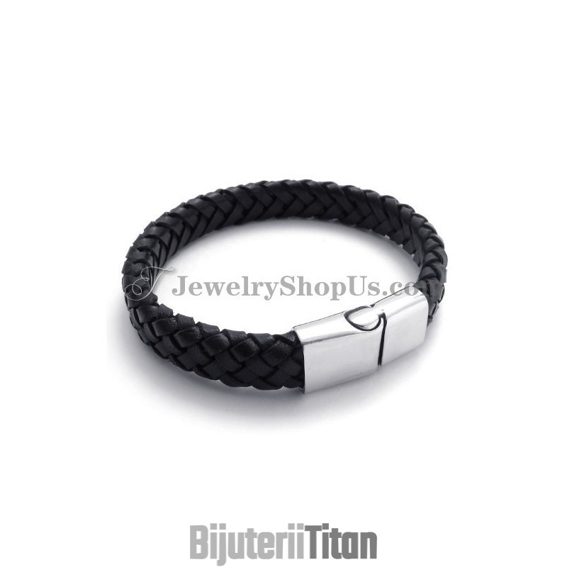Brățară Elegantă Din Titan Negru Cu Piele