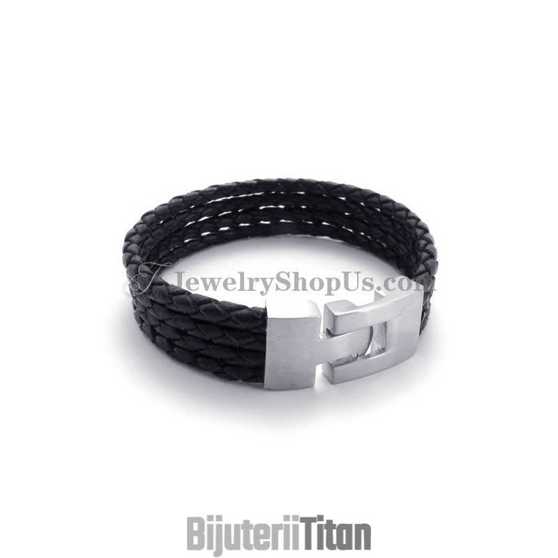 Brățară Elegantă Din Piele Neagră Și Titan
